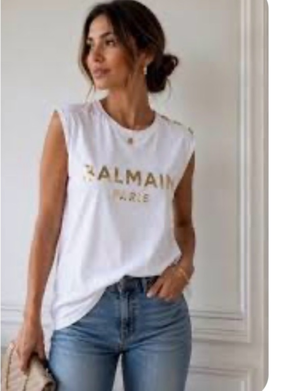 Authentic Balmain Paris Sleeveless Top White Gold Foil Logo Shoulder Buttons 42